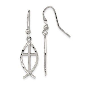 Sterling Silver Polished & D/C Cross & Ichthus Dangle Earrings